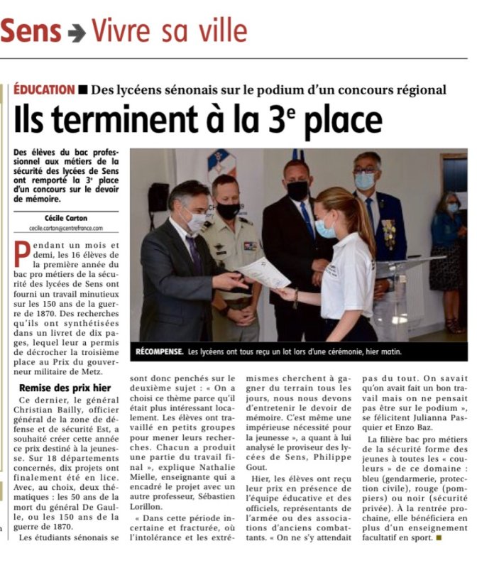 Article de L'Yonne Républicaine Concours devoir de mémoire Lycées de Sens Bac Pro MS